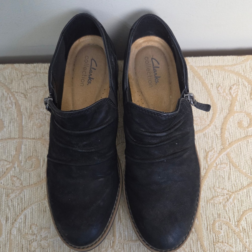 Clarks Collection Black Leather Sharon Dolly Ruched Ankle Booties Womens 8 M